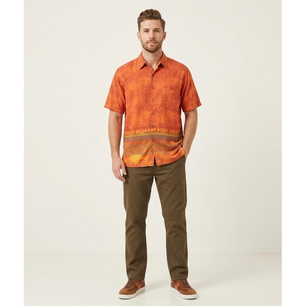 The Territory Ahead Men's Large Shirt Orange Batik Tribal Print Button Up SS